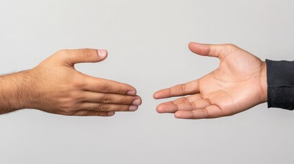 Two hands reaching out in a gesture of connection or agreement against a neutral background.