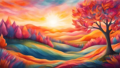 Wall Mural - Enchanting sunset over a serene forest landscape