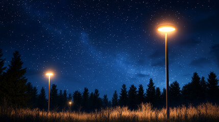 Serene night scene with glowing street lamps illuminating a dark landscape under a starry sky. Perfect for tranquility and nature themes.