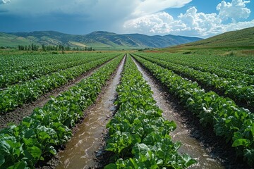 Wall Mural - Rows of Crops with Water Running Through Them