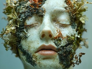 Wall Mural - Woman's Face Covered in Moss and Lichen: A Surreal Portrait of Nature