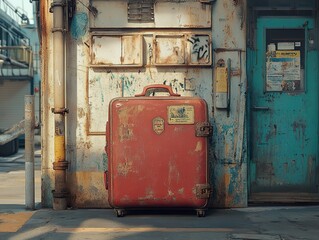 Wall Mural - Vintage Suitcase Leaning Against a Rusty Building