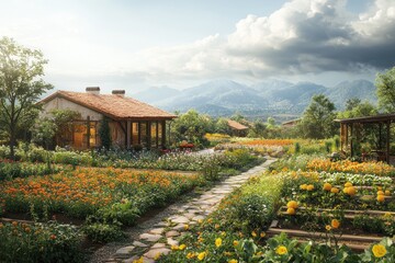 Canvas Print - Countryside Cottage with Mountain View