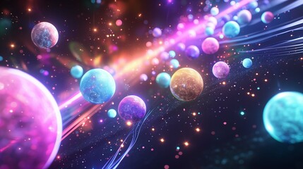 Poster - Fantastic cosmos scene with neon planets 3d rendering image. Glowing celestial bodies in deep space background wallpaper colorful realistic. Universe exploration concept idea