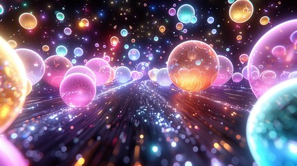 Poster - Planets glowing neon colors in space 3d rendering image. Bright celestial bodies in dark cosmos background wallpaper colorful realistic. Dreamlike scene of starry sky concept idea
