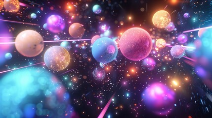 Poster - Planets with neon shimmer in deep space 3d rendering image. Cosmos scene with bright celestial bodies background wallpaper colorful realistic. Travelling through universe concept idea