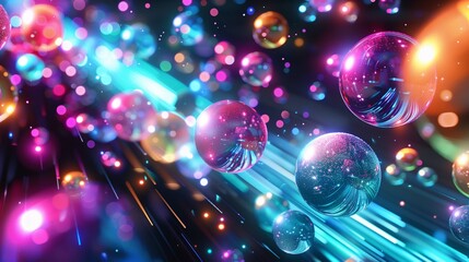 Poster - Shiny neon balls flying through space 3d rendering image. Bright planets in mysterious cosmos background wallpaper colorful realistic. Sci fi landscape beauty concept idea