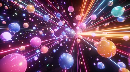 Poster - Amazing space travel among neon planets 3d rendering image. Shiny celestial bodies and light traces background wallpaper colorful realistic. Fantastic scene of cosmos concept idea