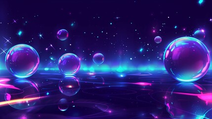 Poster - Shiny round drops in surreal dark space 3d rendering image. Glass spheres arranged on mirror surface background wallpaper colorful realistic. Futuristic cosmic composition concept idea