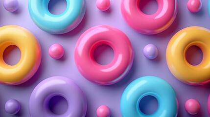Poster - Vibrant bagels and beads pattern top view 3d rendering image. Composition with rings and balls on purple background wallpaper colorful realistic. Design style concept idea