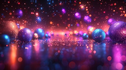 Poster - Multicolor glitter balls and floating sparks 3d rendering image. Abstract composition with sparkling spheres background wallpaper colorful realistic. Holiday decor concept idea