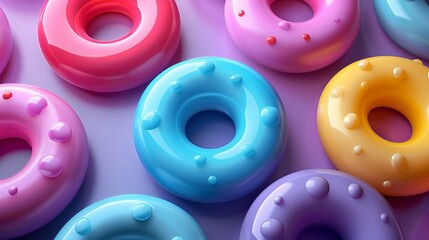 Poster - Toy plastic rings with with water drops 3d rendering image. Vibrant geometric ornament with bagels background wallpaper colorful realistic. Childish decor style concept idea