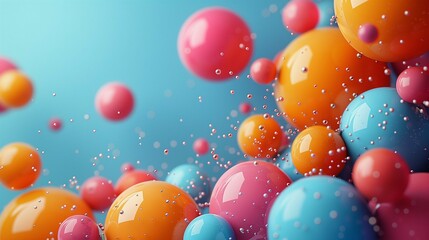 Poster - Multicolor bubbles with small silver drops 3d rendering image. Glossy plastic balls abstract composition background wallpaper colorful realistic. Festive decor composition concept idea