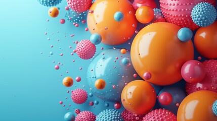 Poster - Vibrant pile of plastic spheres with drops 3d rendering image. Glossy bubbles with various textures arranged on blue background wallpaper colorful realistic. Festive design concept idea