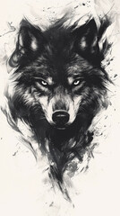  Intricate ink illustration of wolfs head, showcasing fierce eyes and dynamic brush strokes. This artwork captures essence of wildness and strength