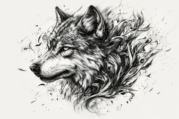  A striking black and white illustration of wolfs head, surrounded by intricate tribal flames and swirling patterns, evokes sense of wild beauty and strength