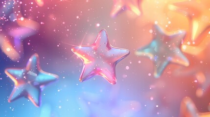 Poster - Transparent glass stars falling down 3d rendering image. Crystals creating festive mood and atmosphere background wallpaper colorful realistic. Dreamlike decor concept idea