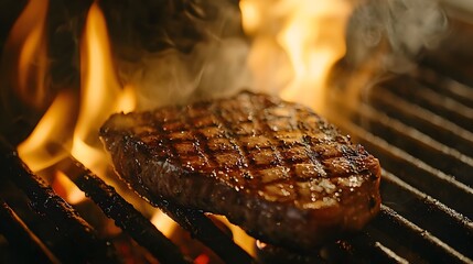 Thick,Juicy Steak Sizzling on the Grill with Flames Licking the Edges,Symbolizing the Perfect