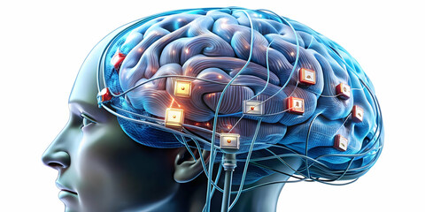 Neurofeedback Polling Station: Close-Up of Voter's Brain Activity Monitoring During Voting Process with Sleek Sensors, Data Displays, and Brainwave Visualizations on White Background