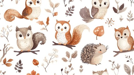  Adorable Woodland Creatures in a Soft Color Pattern Design