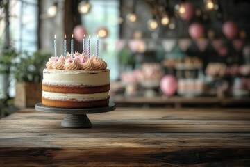 an empty rustic wooden table set against a softly blurred birthday party background perfect for displaying products evoking a sense of celebration and anticipation for joyful moments