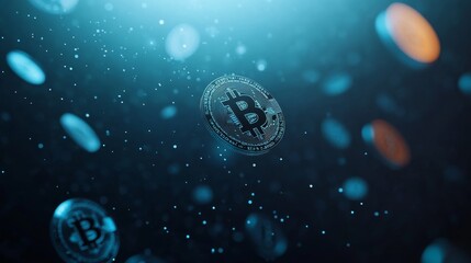 Aufkleber - Floating tokens and coin symbols are displayed against a dark blue backdrop, enhanced by circuit patterns. Soft light highlights the essence of digital currencies and blockchain technology