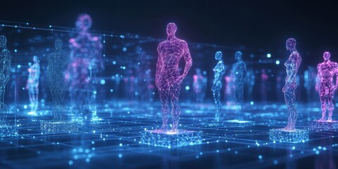 Poster - modern digital abstract 3d background with human figures and holographic courts visualizing digital 