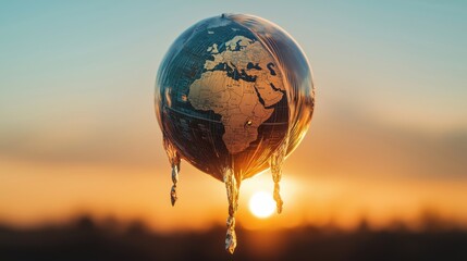 Poster - Deflating Globe: A globe-shaped balloon slowly deflating, with sagging continents and drooping economic symbols