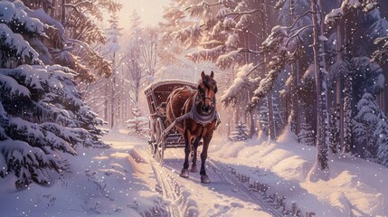 Wall Mural - Horse-Drawn Carriage in a Snowy Forest