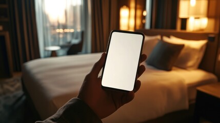 Sticker - Businessman holding smartphone with white mockup screen in hotel room