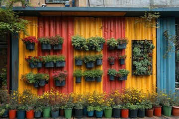 Wall Mural - Colorful Wall with Hanging Plants