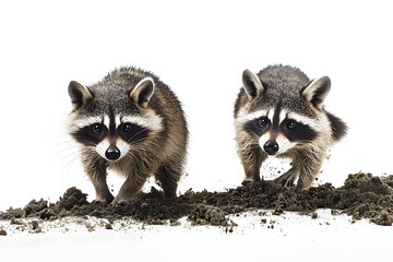 Two adorable raccoons playing in dirt, showcasing their curious and playful nature, with detailed fur texture and expressive eyes, perfect for wildlife photography, animal lovers, and nature 