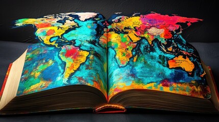 Poster - A bright and colorful world map displayed on the open pages of a book, symbolizing Christian global missions and spreading faith to all nations.