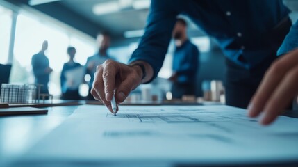 Poster - Architects engage in a collaborative discussion around a large blueprint, exploring design details while building models fill the workspace, fostering creativity and innovation