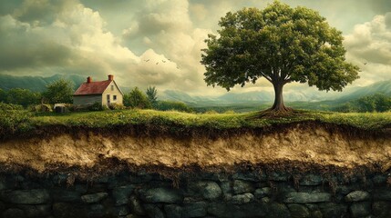 Canvas Print - House on a Hillside with a Tree