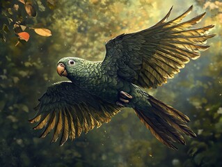 Poster - Green Parrot in Flight: A Vibrant Tropical Bird