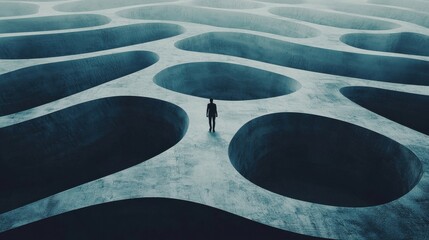Wall Mural - endless maze: a person wandering through a massive, abstract maze that seems to shift and change, sy