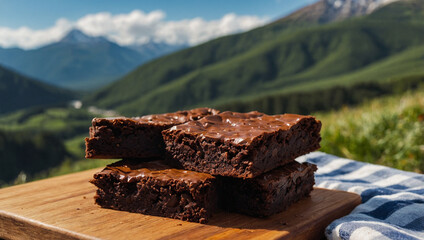 Fudgy chocolate brownies on a wooden board, placed on a picnic blanket with a stunning mountain view.