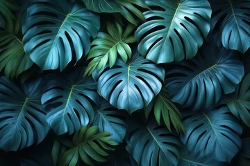 botanical background featuring abstract foliage of tropical plants with handdrawn monstera leaves and palm branches creating an exotic lush wallpaper design