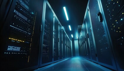 Poster - High-tech data center with rows of server cabinets, illuminated by LED lights. 