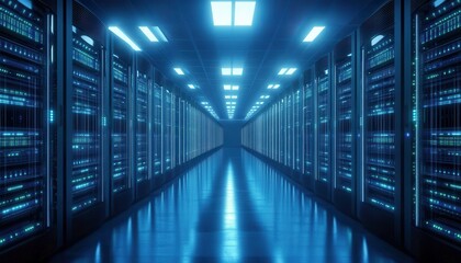 Poster - High-tech data center with rows of advanced server cabinets, illuminated by bright lights and a sleek design. 