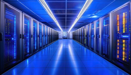 Poster - High-tech data center with rows of advanced server cabinets, illuminated by bright lights and a sleek design. 