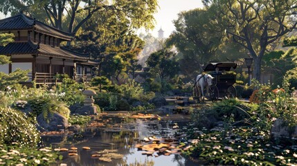 Poster - Serene Japanese Garden with Horse-Drawn Carriage