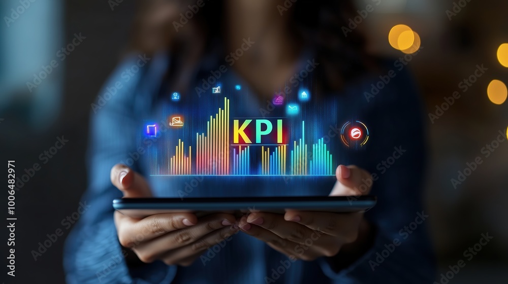 Future Kpi Businesswoman works on laptop Showing KPI business trends dashboard ...