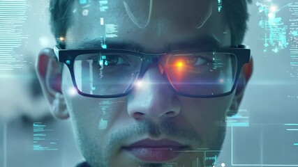 Aufkleber - Professional portrait surrounded by data streams and technology icons in a modern setting.