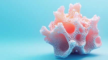 A minimalistic 3D coral structure, designed with intricate details and bright colors, isolated against a soft blue gradient background, symbolizing the underwater ecosystem and marine life