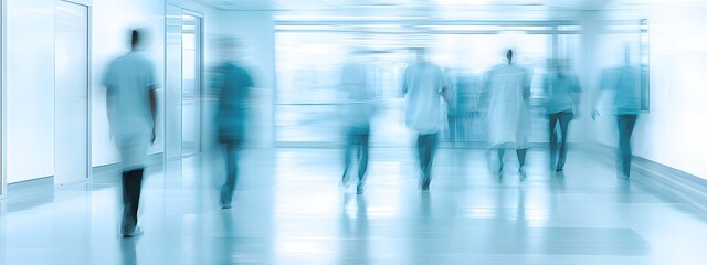 A blurred background of medical staff walking in the hospital corridor, with doctors and nurses wearing scrubs, creating an atmosphere of action