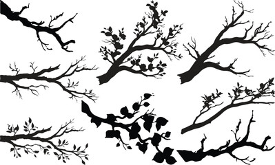A set of vector black tree branches with and without leaves on a white background, tree branch silhouettes set isolated on white, bare branches vector illustrations  