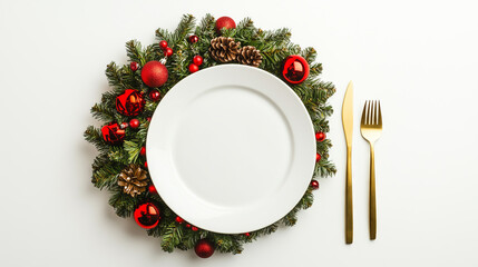 Christmas table setting with a white plate, gold cutlery, and holiday decorations of pine branches, ornaments, and pinecones. Flat lay composition.