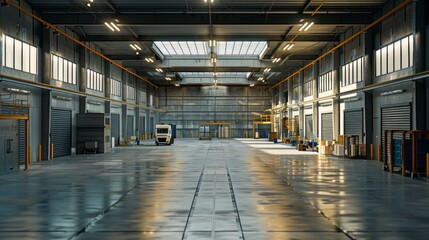 Aufkleber - A large warehouse with a white truck parked in the middle